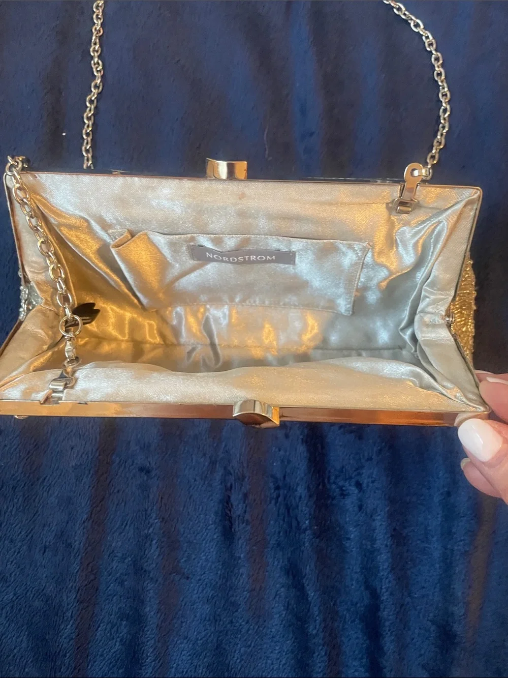 Gorgeous evening bag embellished with large rhinestones and silver clasp